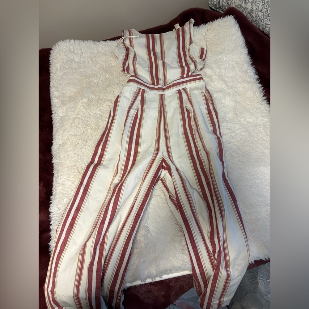 Japna Cream Jumpsuit with Burgundy and Tan Stripes